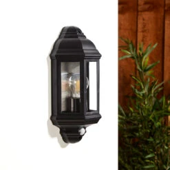 Edit Coastal Newquay Half Lantern Outdoor Wall Light With PIR Sensor - Black