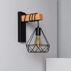 Edit Sardo Geometric Wall Light With Wood Detail- Black