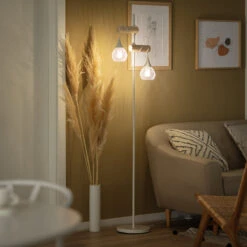 Edit Monah 2 Light Floor Lamp - White And Wood -Home Lighting Store E2712 003